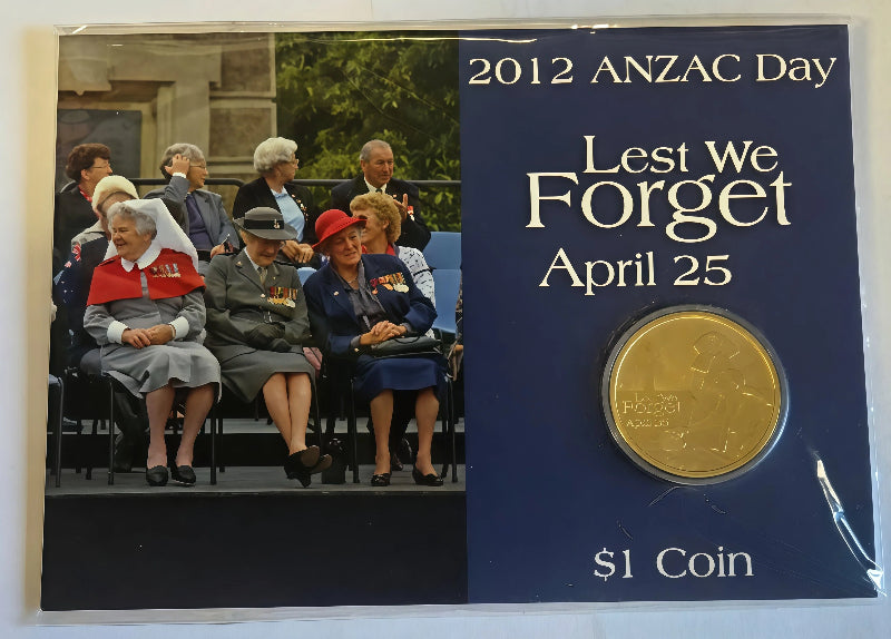 2012 ANZAC Day Lest We Forget $1 Carded Coin front