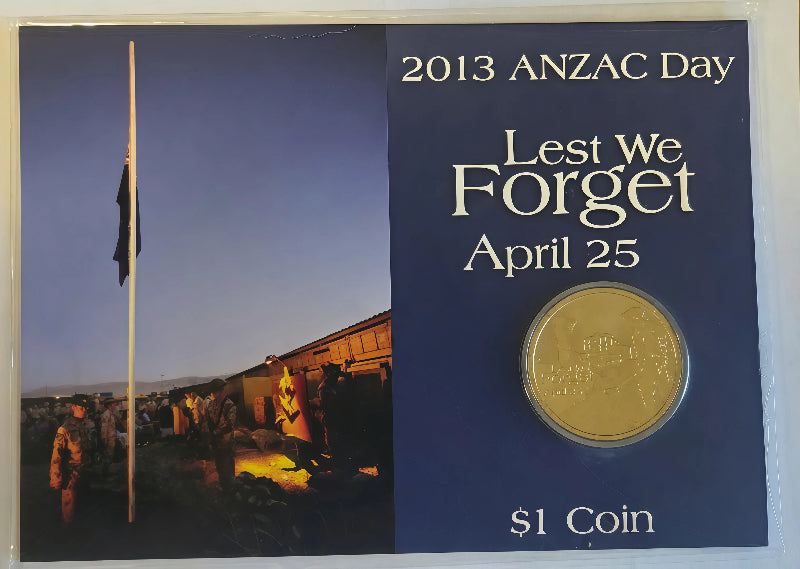 2013 ANZAC Day Lest We Forget $1 Carded Coin front