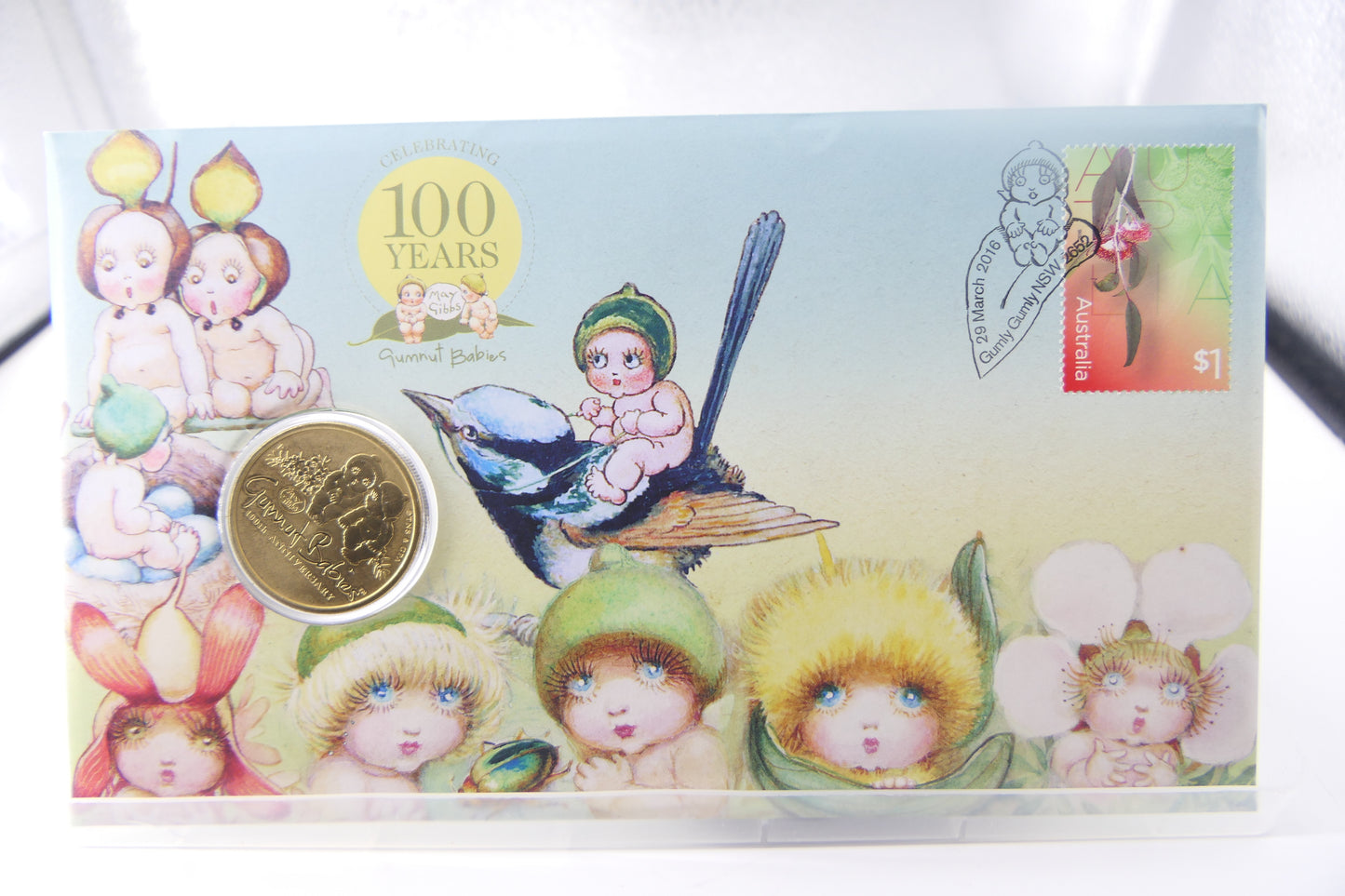 2016 Australia Post Celebrating 100 Years Gumnut Babies PNC — $1 Coin First Day of Issue Gundy Gundy Nsw front