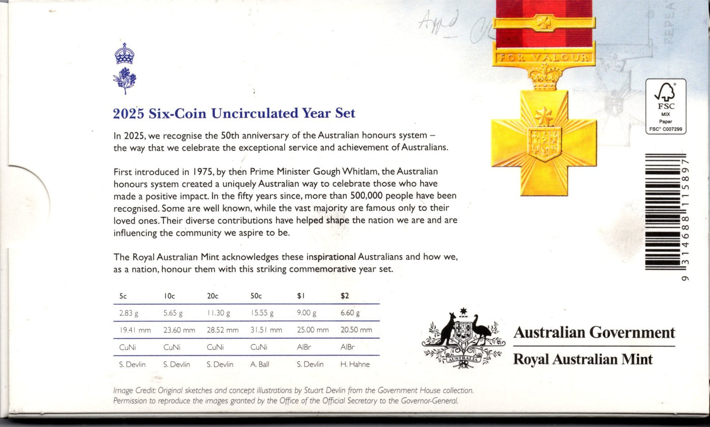 2025 Royal Australian Mint Six-Coin Uncirculated Year Set — Celebrating Australians reverse