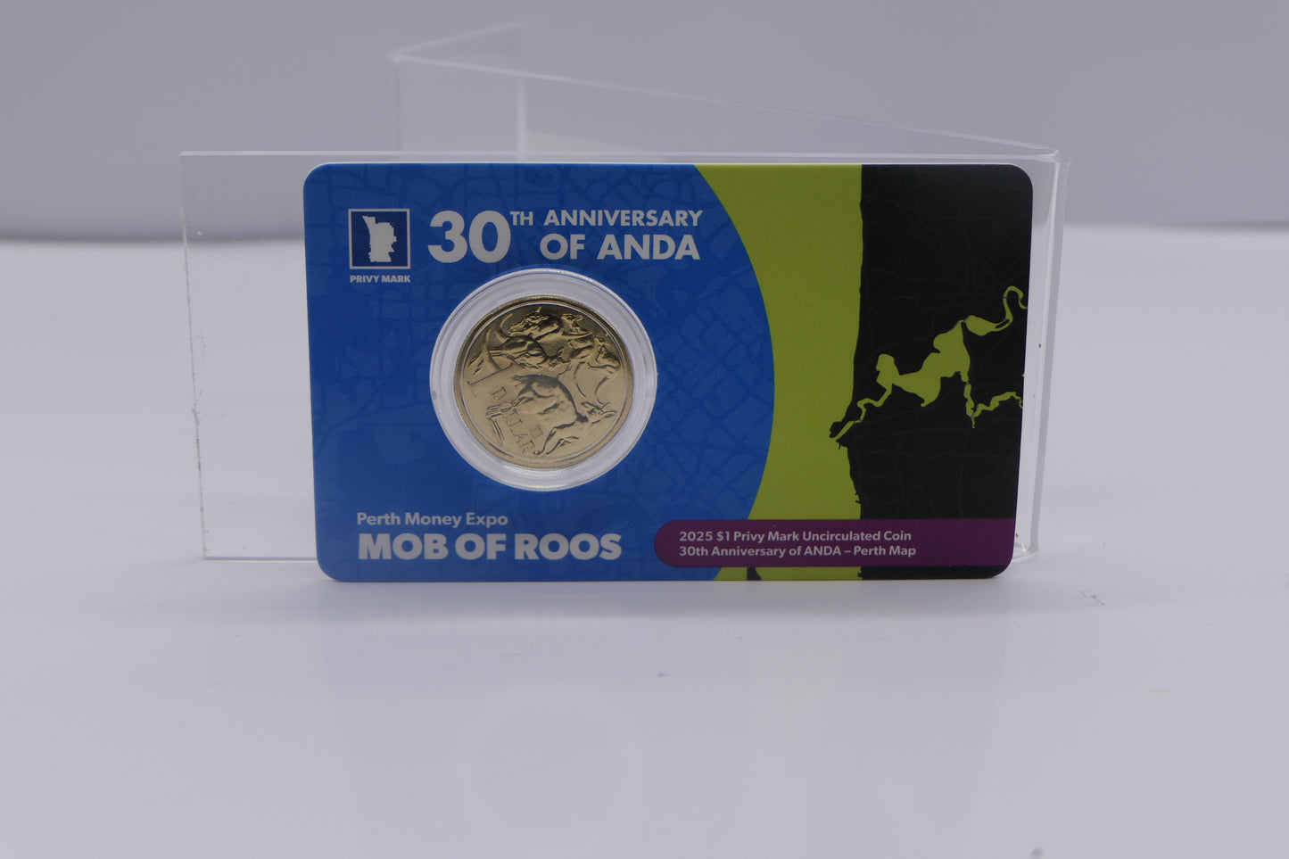 2025 Royal Australian Mint $1 Privy Mark Uncirculated Coin — 30th Anniversary of ANDA — Mob of Roos Perth Money Expo front