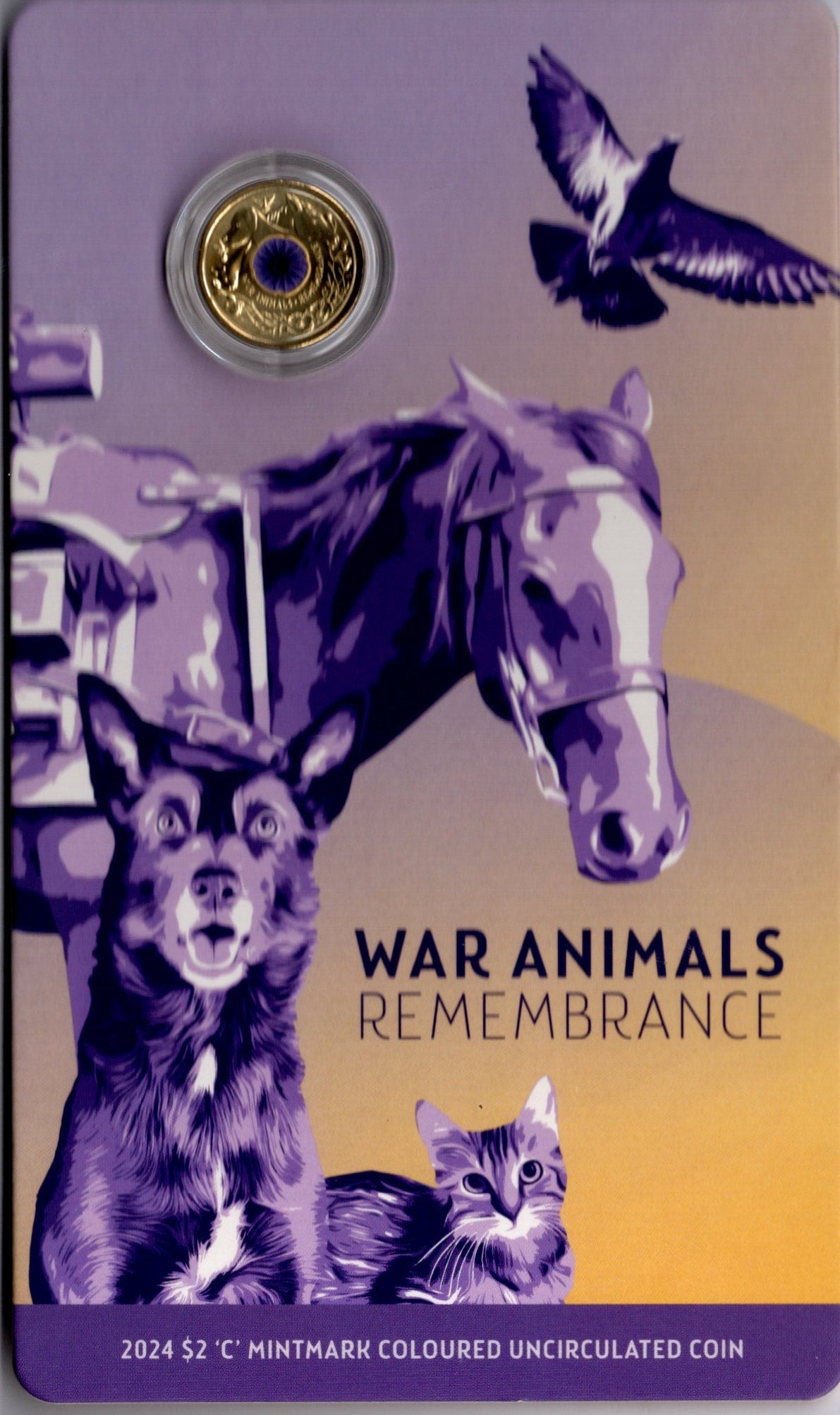 2024 Royal Australian Mint $2 'c' Mintmark Coloured Uncirculated Coin — War Animals Remembrance front