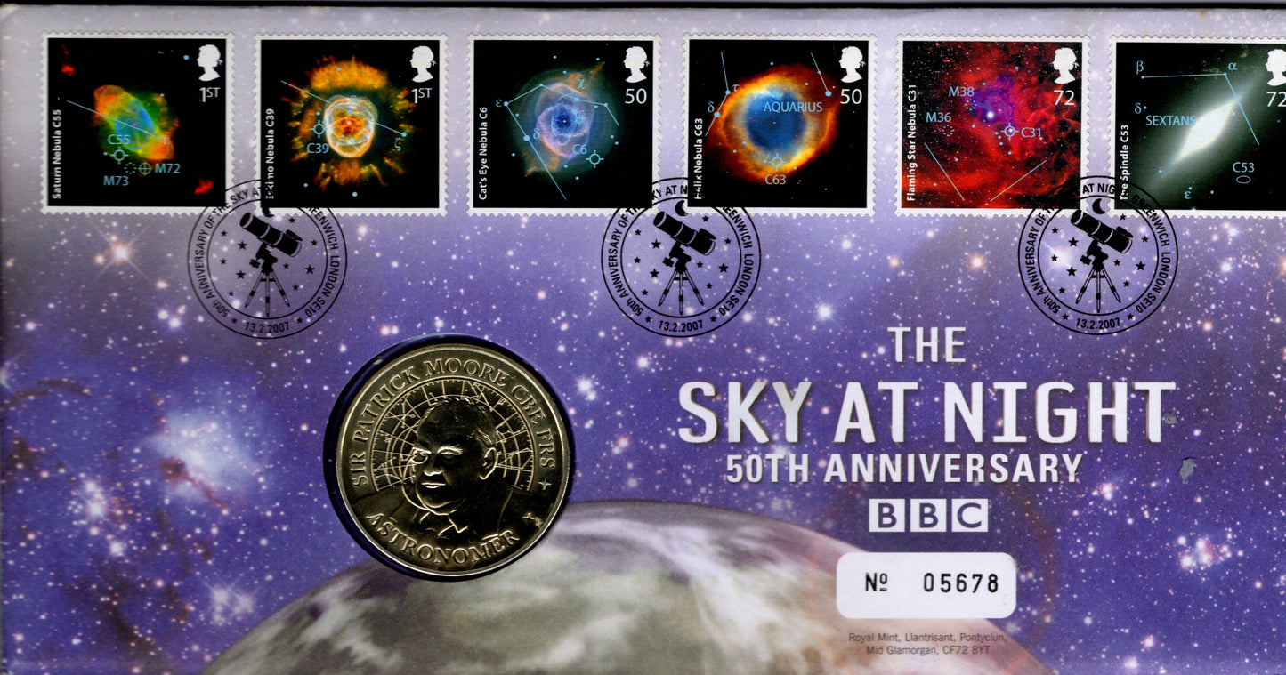 2007 The Sky at Night 50th Anniversary BBC Sir Patrick Moore medallion cover numbered 05678