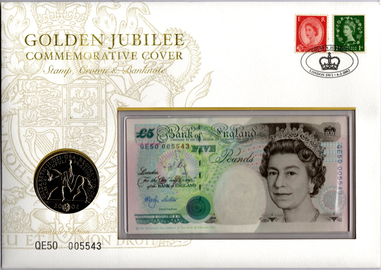 Golden Jubilee Commemorative Cover — £5 Banknote + £5 Crown Coin — London Sw1 6 Feb 2002 front