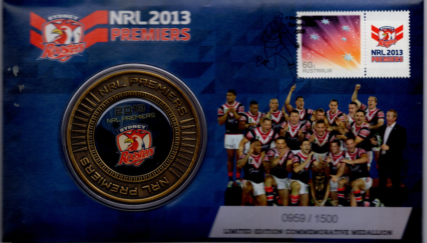 2013 Australia Post NRL Premiers PNC — Sydney Roosters — $1 Coin + 60c NRL Stamp — Limited Edition 0659/1500 front