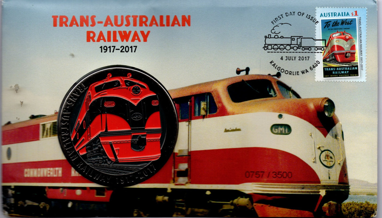 2017 Australia Post Trans-Australian Railway PNC — Centenary 1917—2017 — $1 Coloured Coin + $1 Stamp — Kalgoorlie Wa 4...
