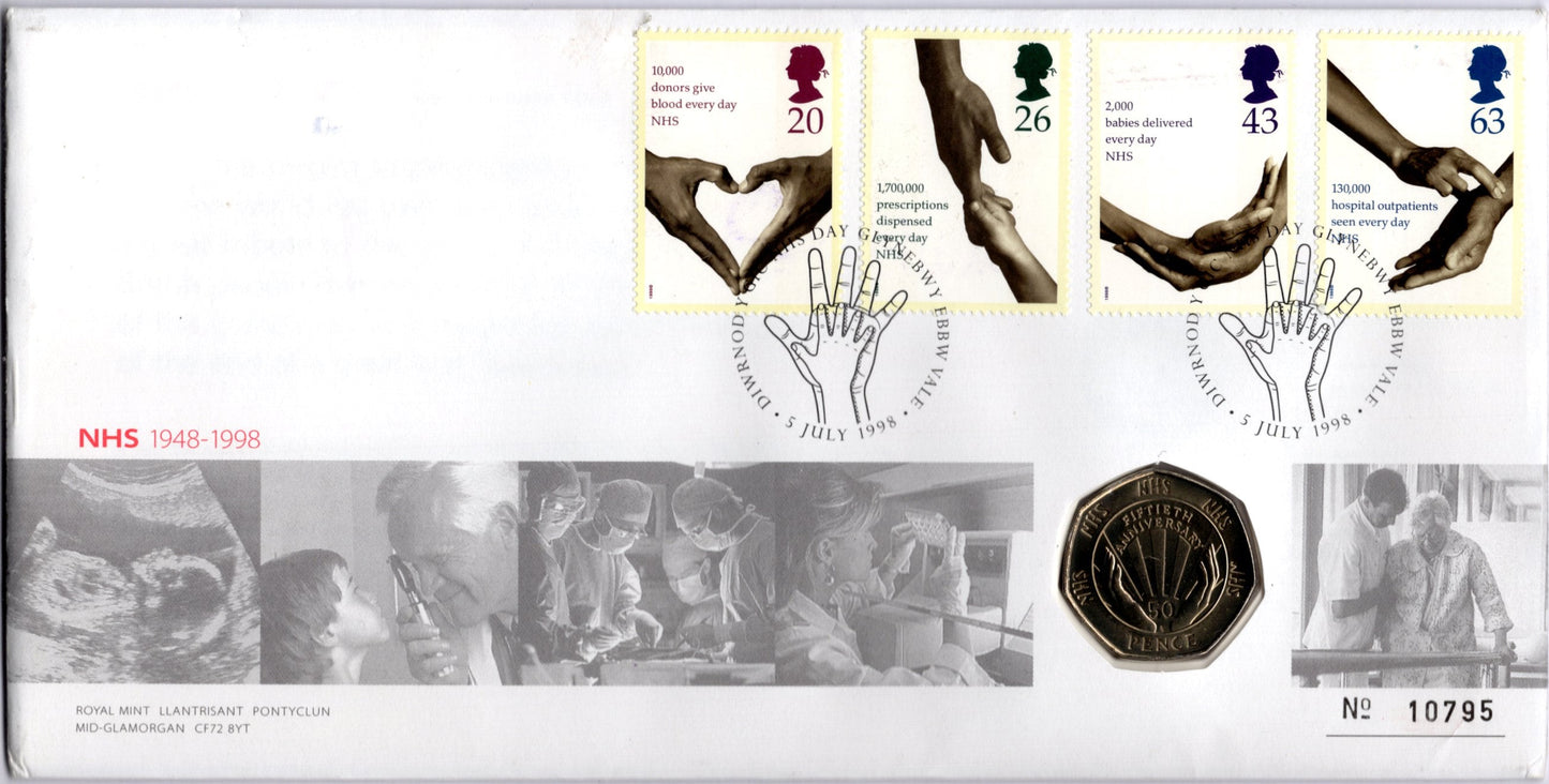 Royal Mint Nhs 1948—1998 50th Anniversary Fdc — 50p Nhs Coin — Gb Nhs Stamps — Ebbw Vale 5 July 1998 — No. 10795 front