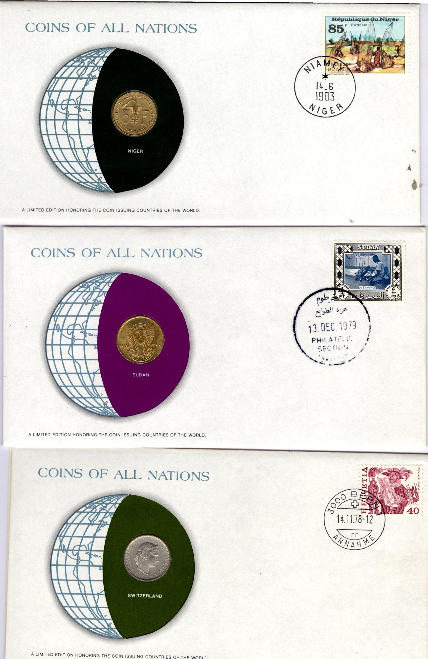 Coins of All Nations — Set of 3 Covers — Niger, Sudan & Switzerland front