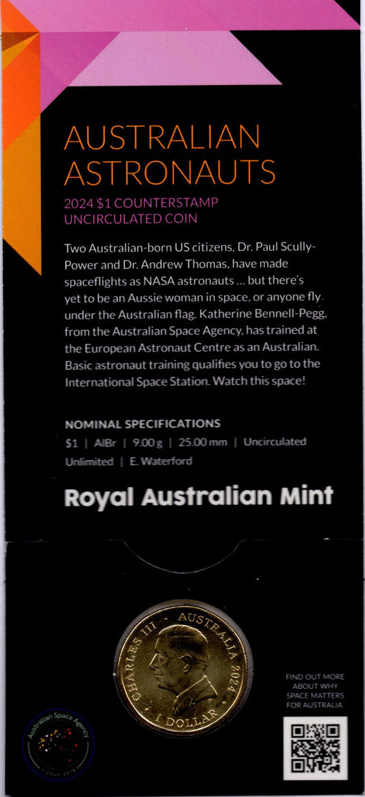2024 Moon Landing $1 Counterstamp Uncirculated Coin — Royal Australian Mint — Australian Astronauts — Charles Iii reverse