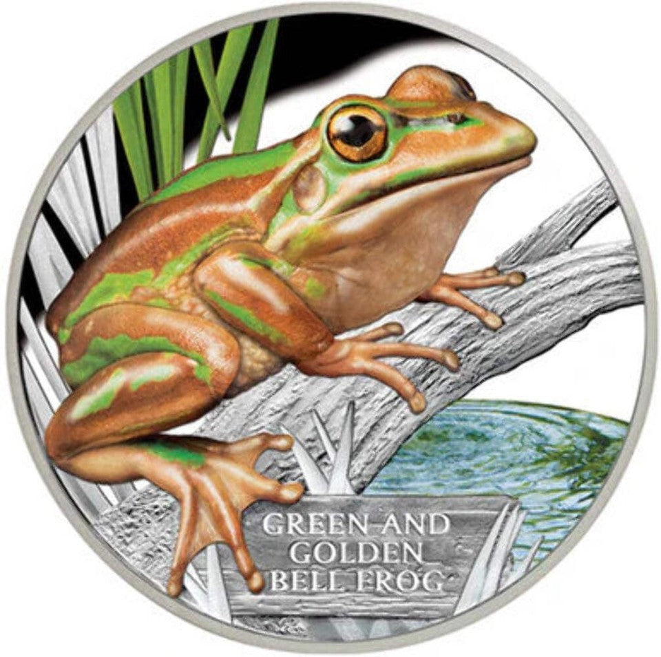 2017 $1 Endangered and Extinct Green and Golden Bell Frog 1oz Silver Coloured Pr front