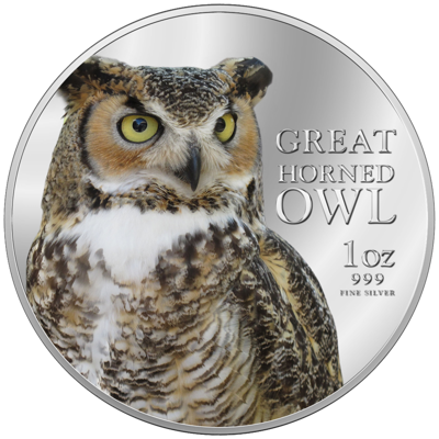 1 Oz Silver Coin — Birds of Prey — Great Horned Owl — Color — 2013 front