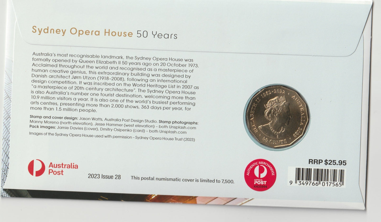 2023 Australia Post 50 Years of Sydney Opera House PNC reverse