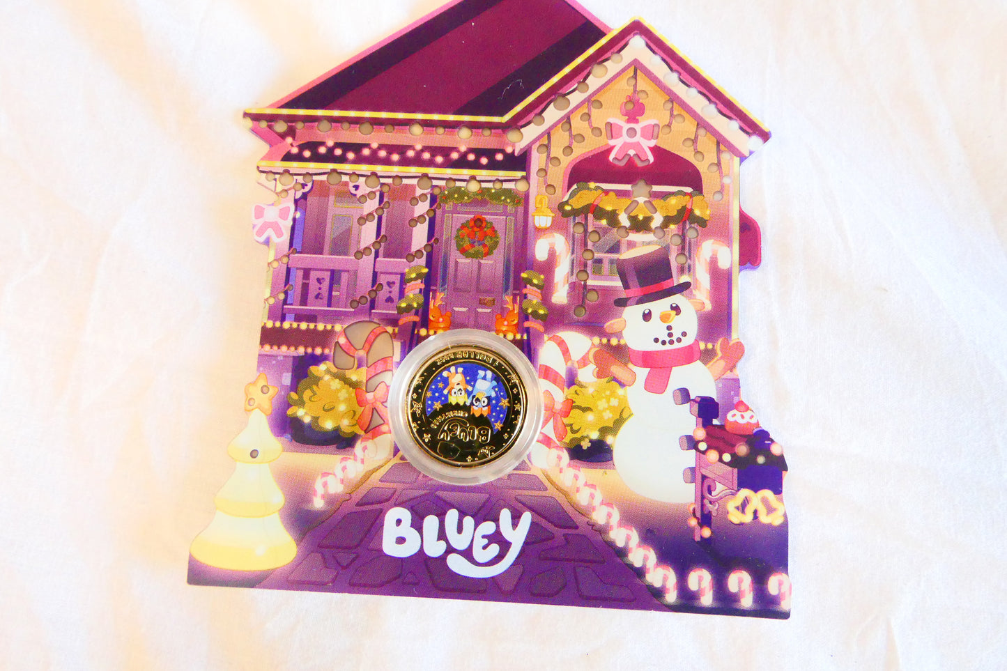 Bluey Christmas — $1 Coloured Coin House-Shaped Presentation Card front
