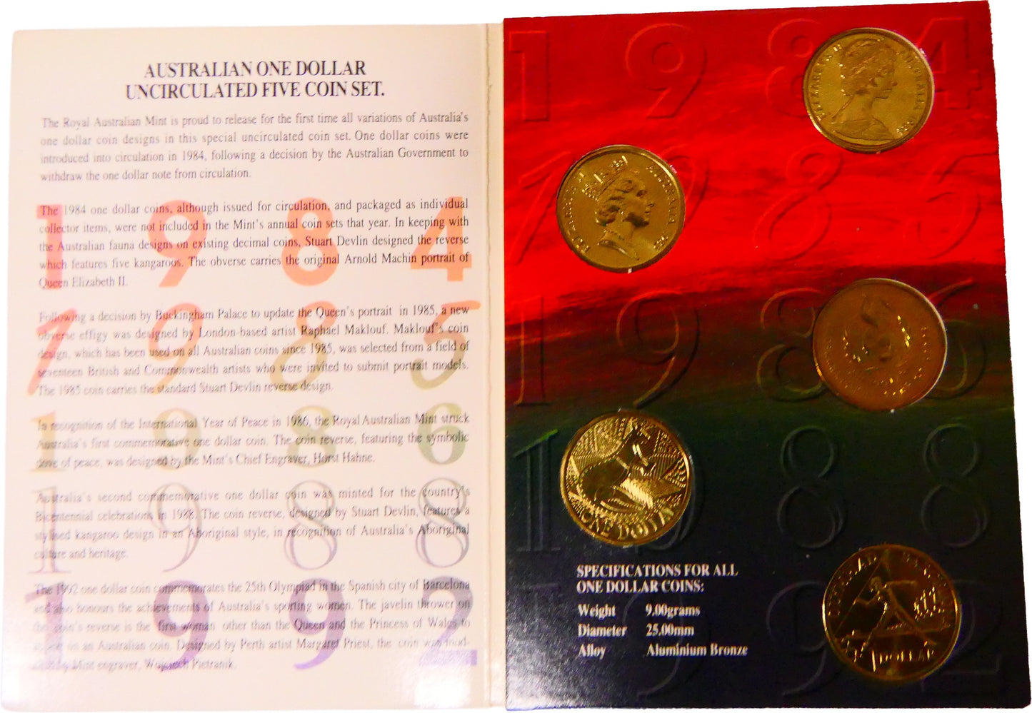 Australian One Dollar Five Coin Set 1984,1985,,1986,1988 front