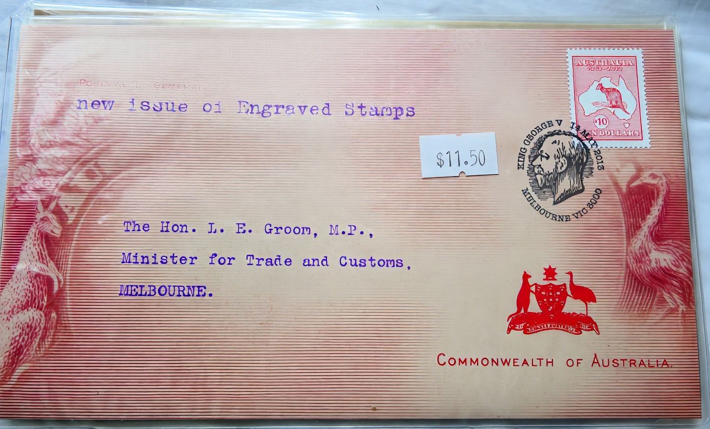 1913 Commonwealth of Australia Postmaster General Official Cover — New Issue of Engraved Stamps — $10 Kangaroo Stamp front