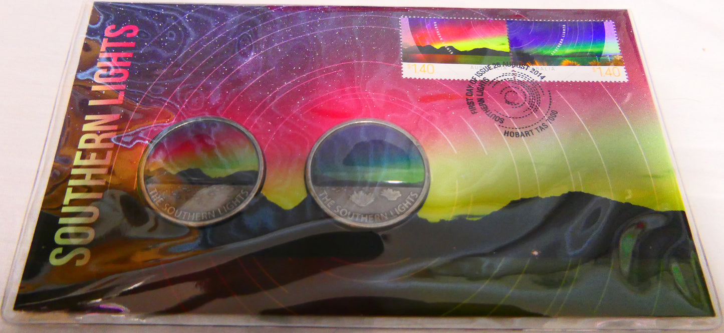 2014 Southern Lights PNC — Two Holographic Coins — First Day of Issue Hobart Tas front