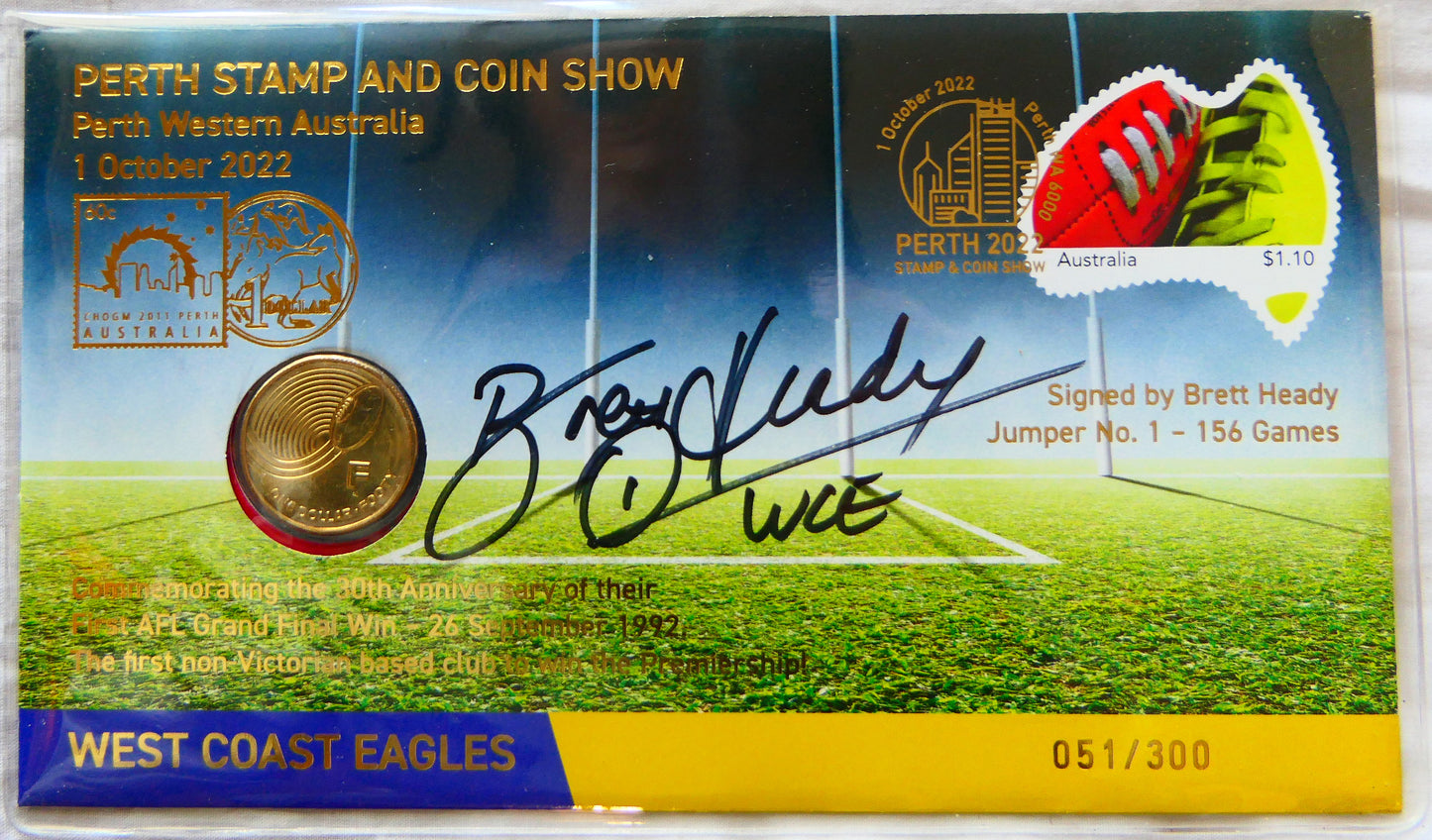 2022 West Coast Eagles PNC — Signed Brett Heady — Perth Stamp and Coin Show — 051/300 front