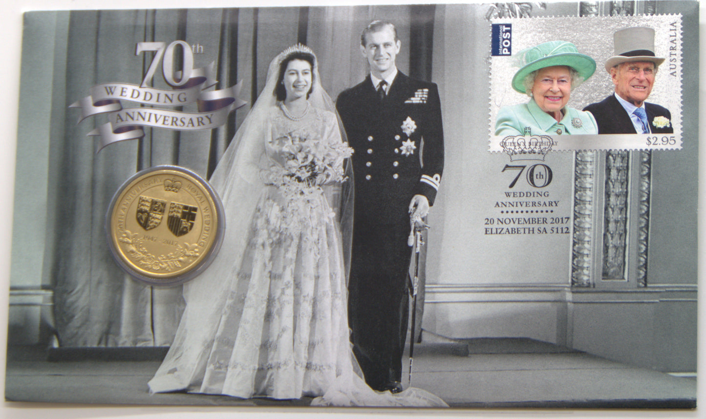 2017 $1 70th Anniversary of the Royal Wedding Coin & Stamp Cover PNC front