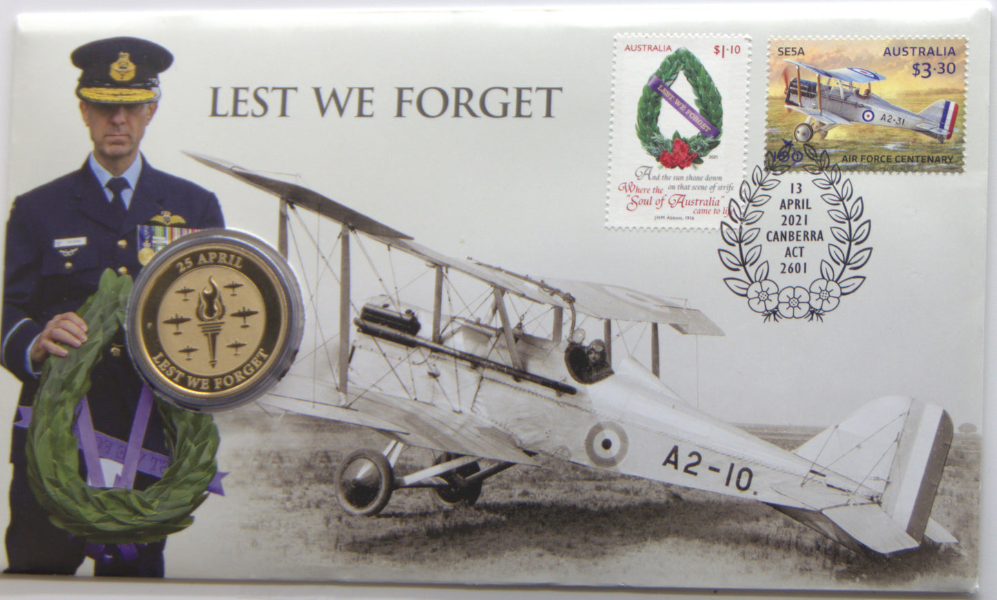 2021 ANZAC Lest We Forget RAAF Stamp and Coin Cover PNC front