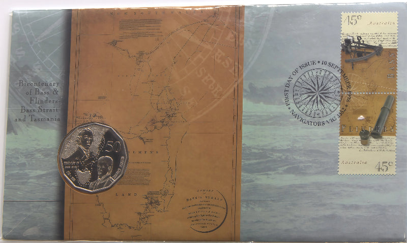 1998 Bicentenary of Bass & Flinders — Bass Strait and Tasmania PNC — First Day of Issue Navigators Vic front