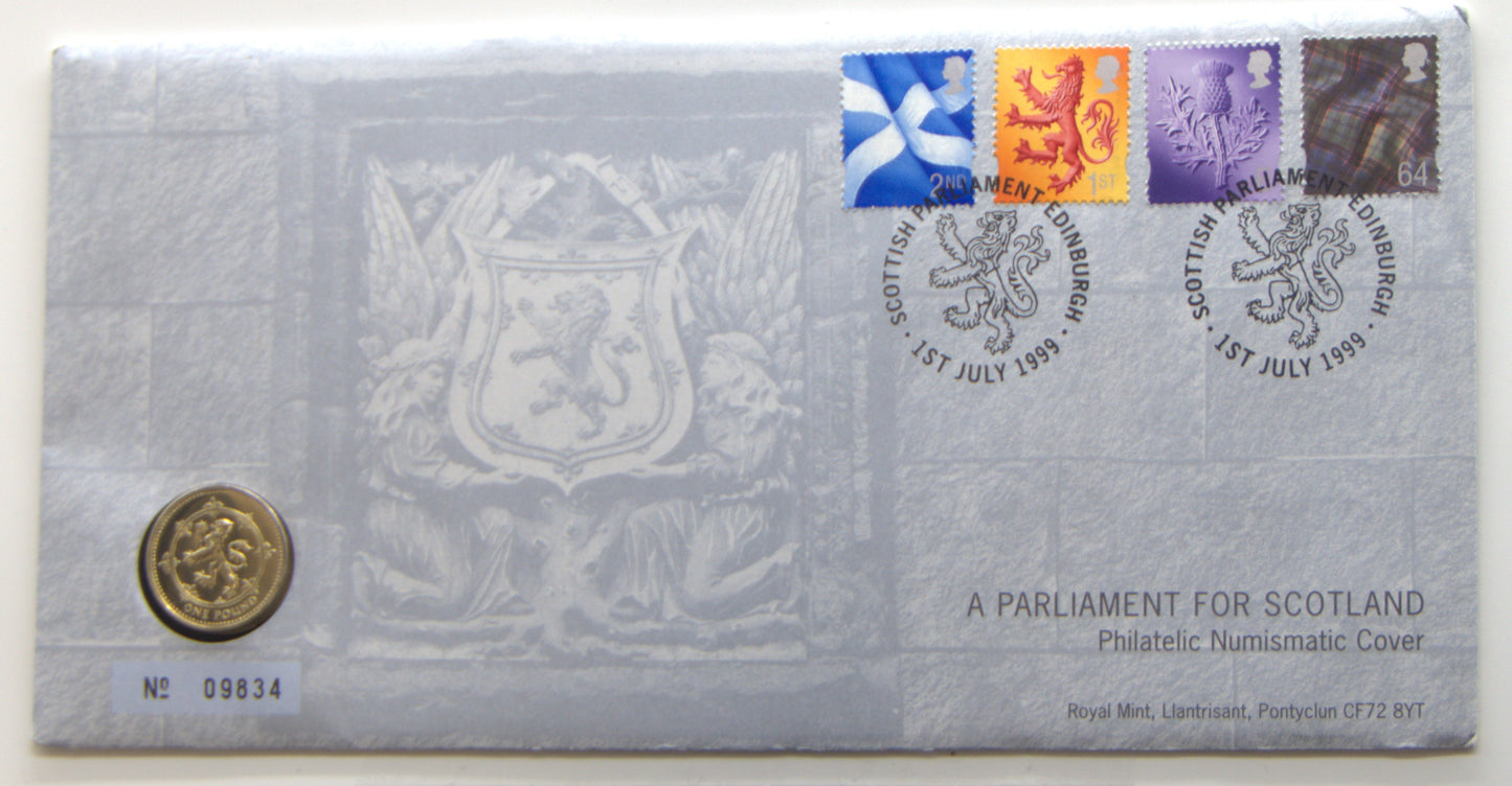 Royal Mail and Royal Mint Commemorative Cover Commemorating: ''a Parliament for Scotland'' — £1 Coin front