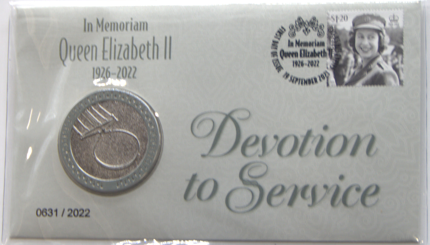 2023 in Memoriam Queen Elizabeth II 1926-2022 Devotion to Service Postal Medallion Cover PNC front