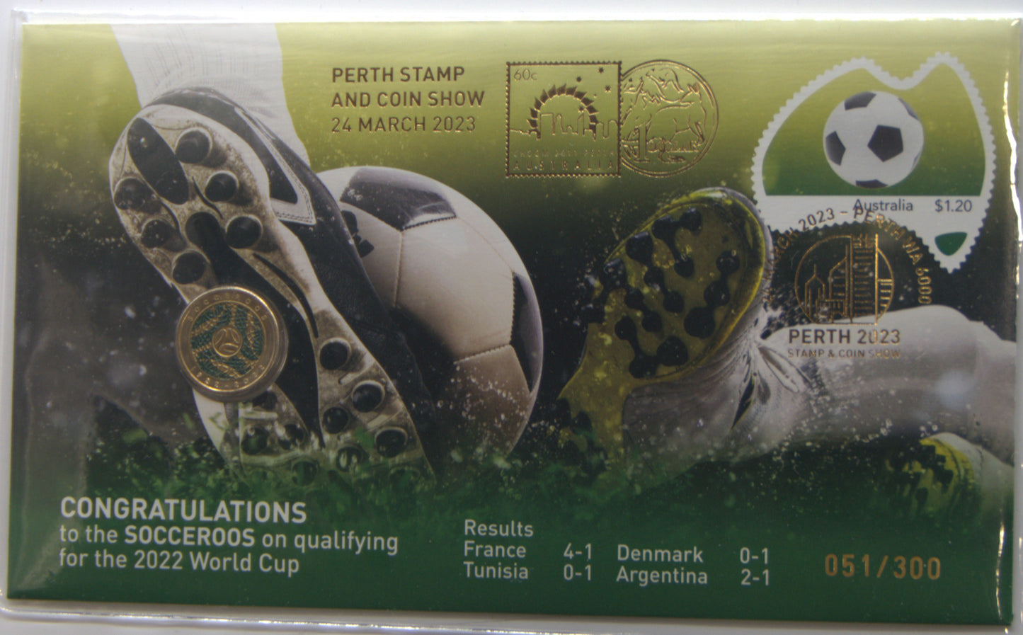 2023 — Socceroos PNC Overprint Perth Coin and Stamp Show World Cup Qualifying with the $2 Coloured Coin. 051/ 300 Issued...