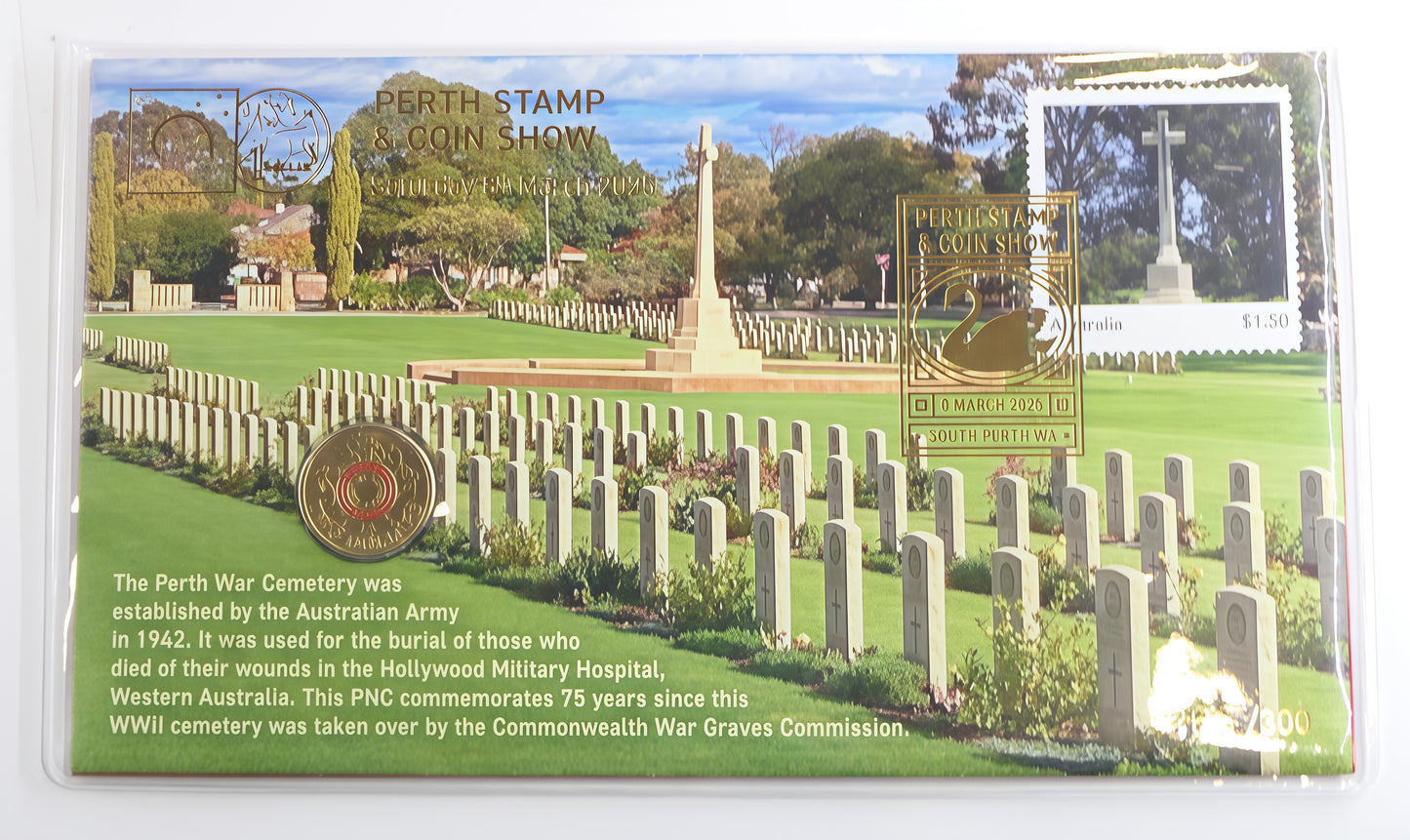 Perth Stamp & Coin Show 2026 Coin Cover — Perth War Cemetery — Limited 300 — South Perth Wa PNC front
