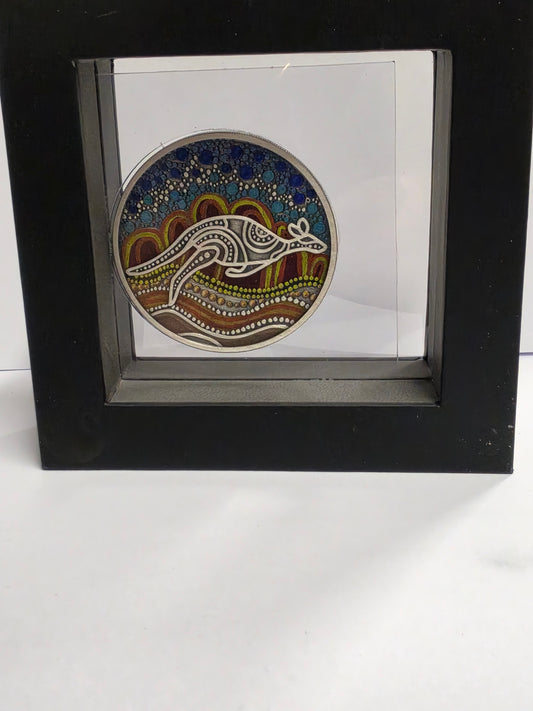 the Perth Mint 2023 Kangaroo Yongka 2oz Silver Antiqued Coloured Coin.
