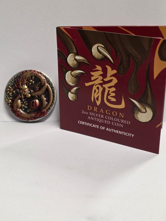 2020 $2 Dragon 2 oz Silver Coloured High Relief Antiqued Coin issued by The Perth Mint for Tuvalu.