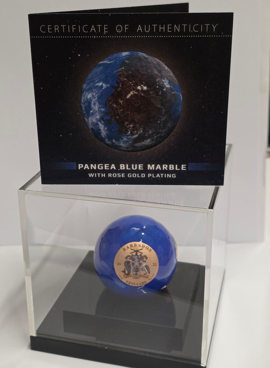 2022 Barbados 5$ Pangea Blue Marble Rose Gold Plated Spherical 3 oz Silver Coin in a display case with its certificate of authenticity