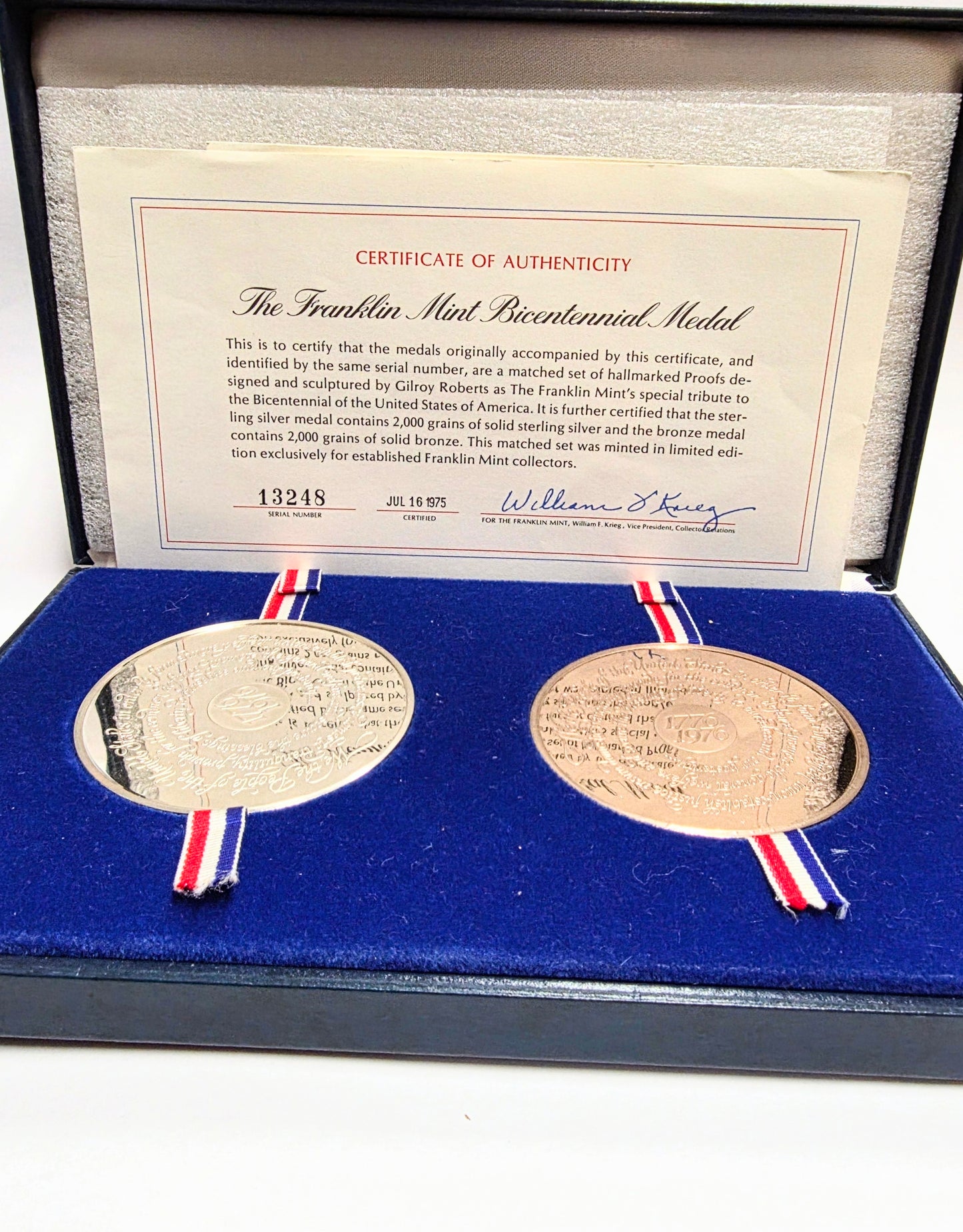 1976 Franklin Mint Bicentennial Medal Matched Proof Set Sterling & Bronze w/ COA