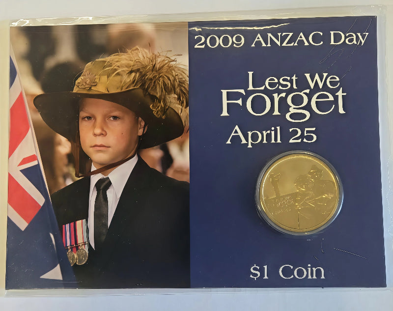 2009 ANZAC Day Lest We Forget $1 Carded Coin front
