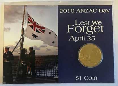 2010 ANZAC Day Lest We Forget $1 Carded Coin front