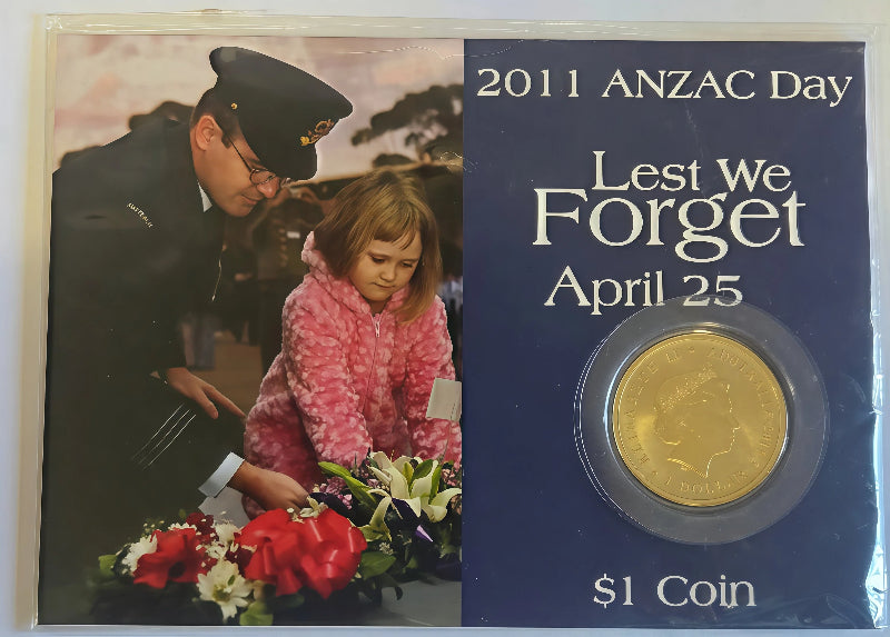 2011 ANZAC Day Lest We Forget $1 Carded Coin front