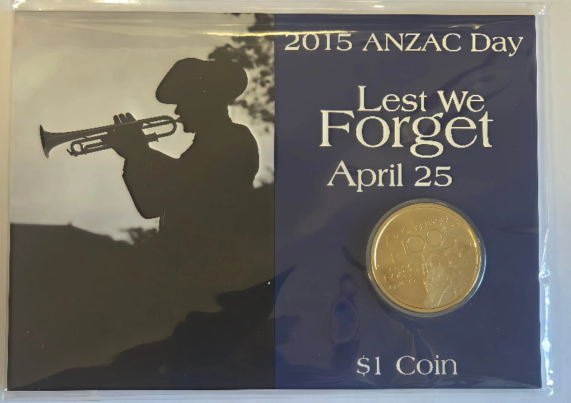 2015 ANZAC Day Lest We Forget $1 Carded Coin front