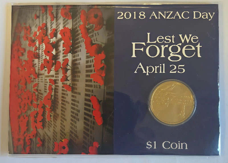 2018 ANZAC Day Lest We Forget $1 Carded Coin front
