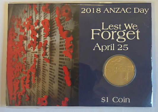 2018 ANZAC Day Lest We Forget $1 Carded Coin front