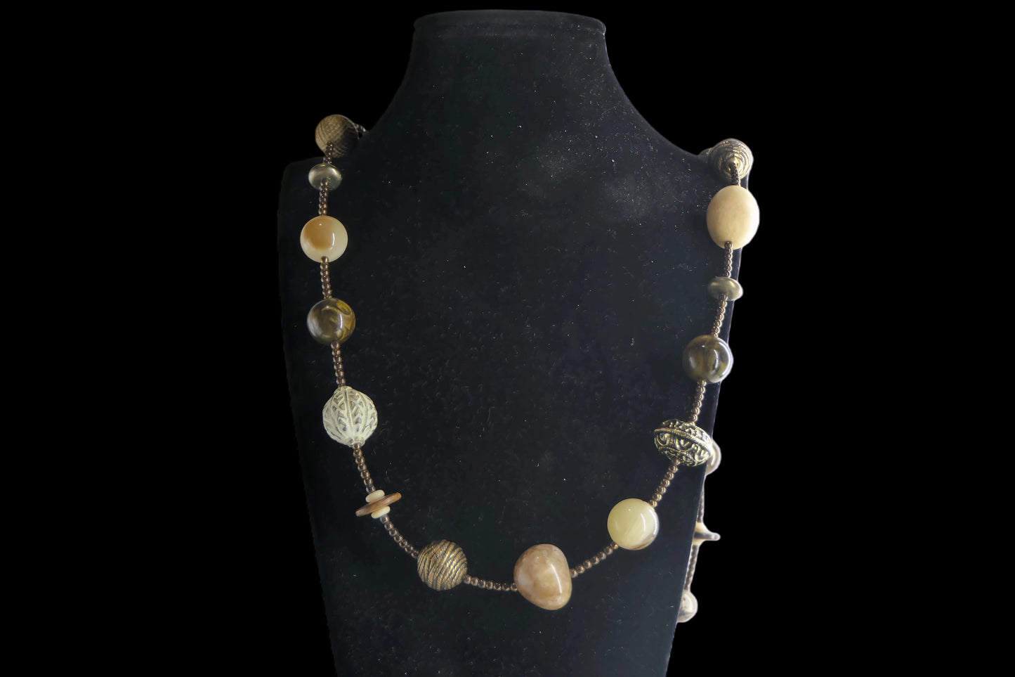 Vintage Beaded Necklace — Natural Tones — Mother of Pearl, Smoky Glass front