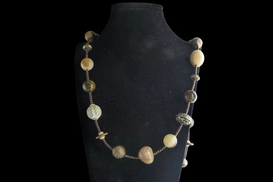Vintage Beaded Necklace — Natural Tones — Mother of Pearl, Smoky Glass front