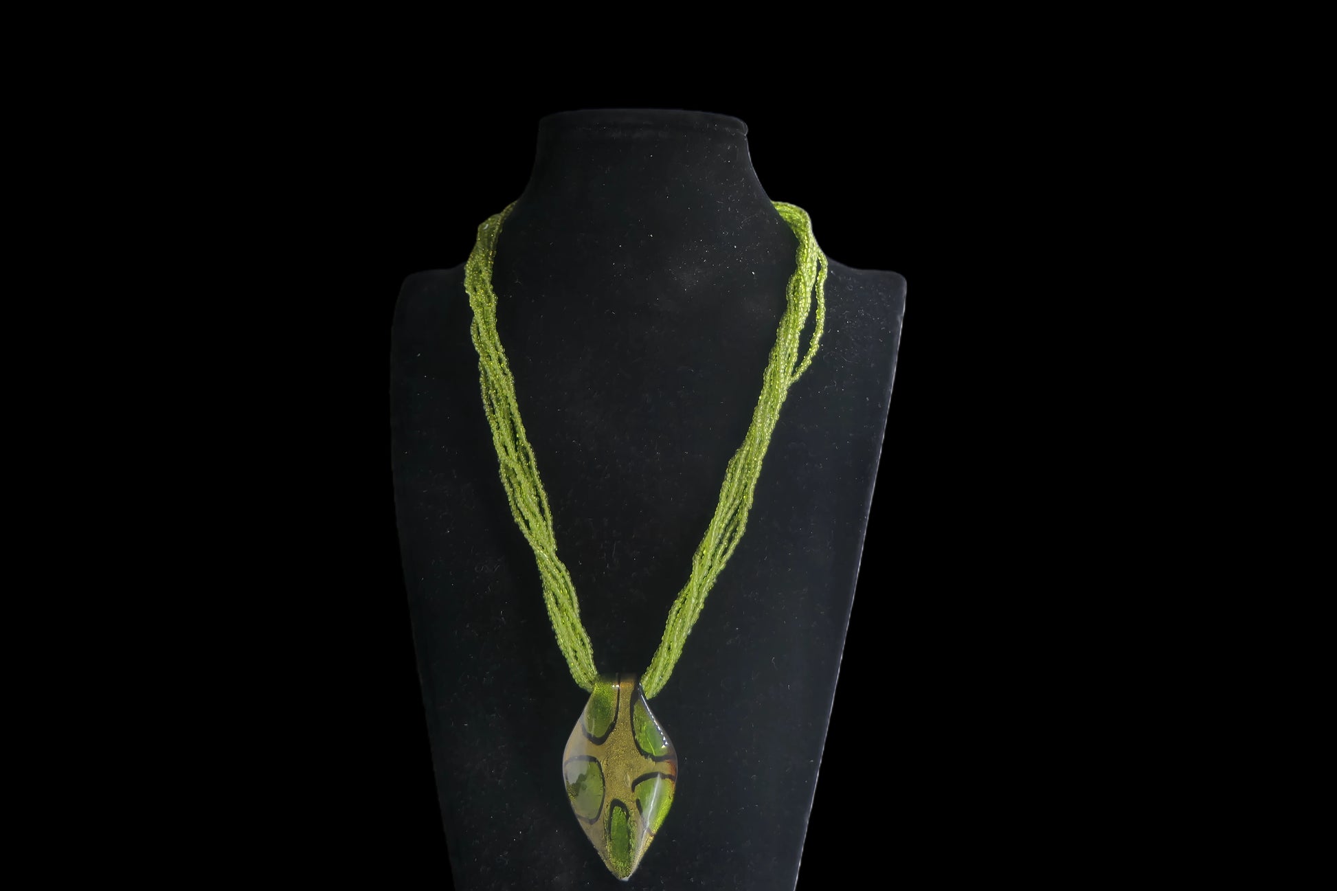 Green Seed Bead Multi-Strand Necklace with Glass Pendant front