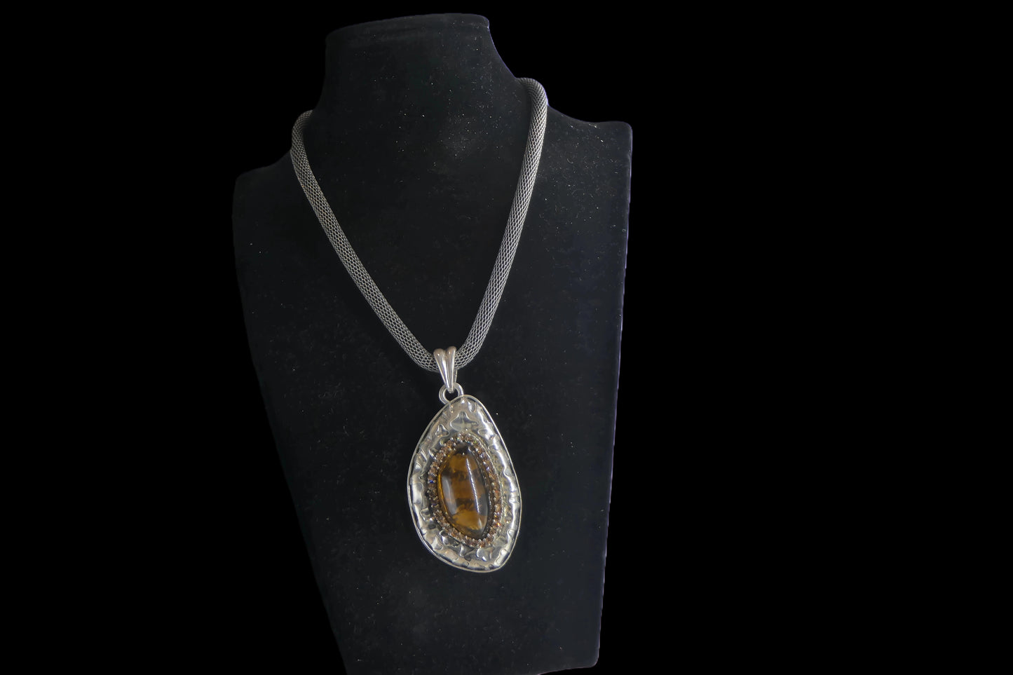 Mesh Chain Necklace with Tiger's Eye Pendant front