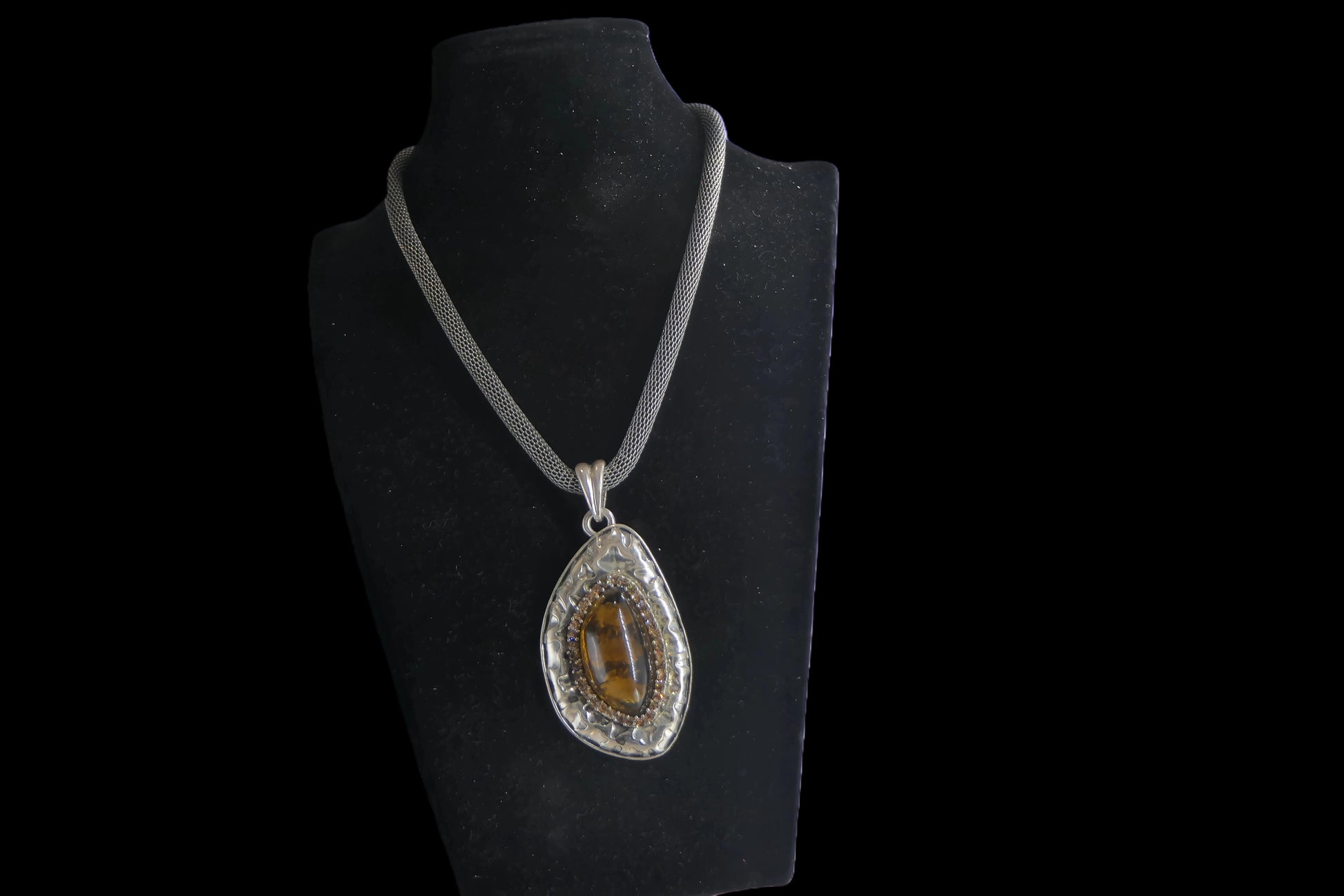 Mesh Chain Necklace with Tiger's Eye Pendant front