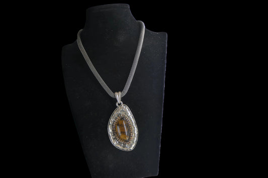 Mesh Chain Necklace with Tiger's Eye Pendant front