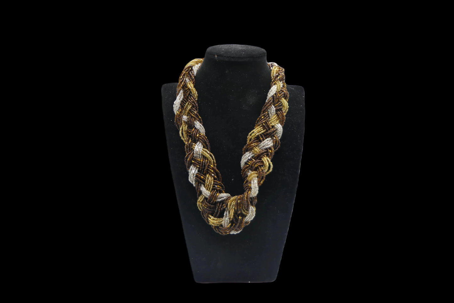 Braided Gold, Silver & Bronze Coloured Seed Bead Necklace front