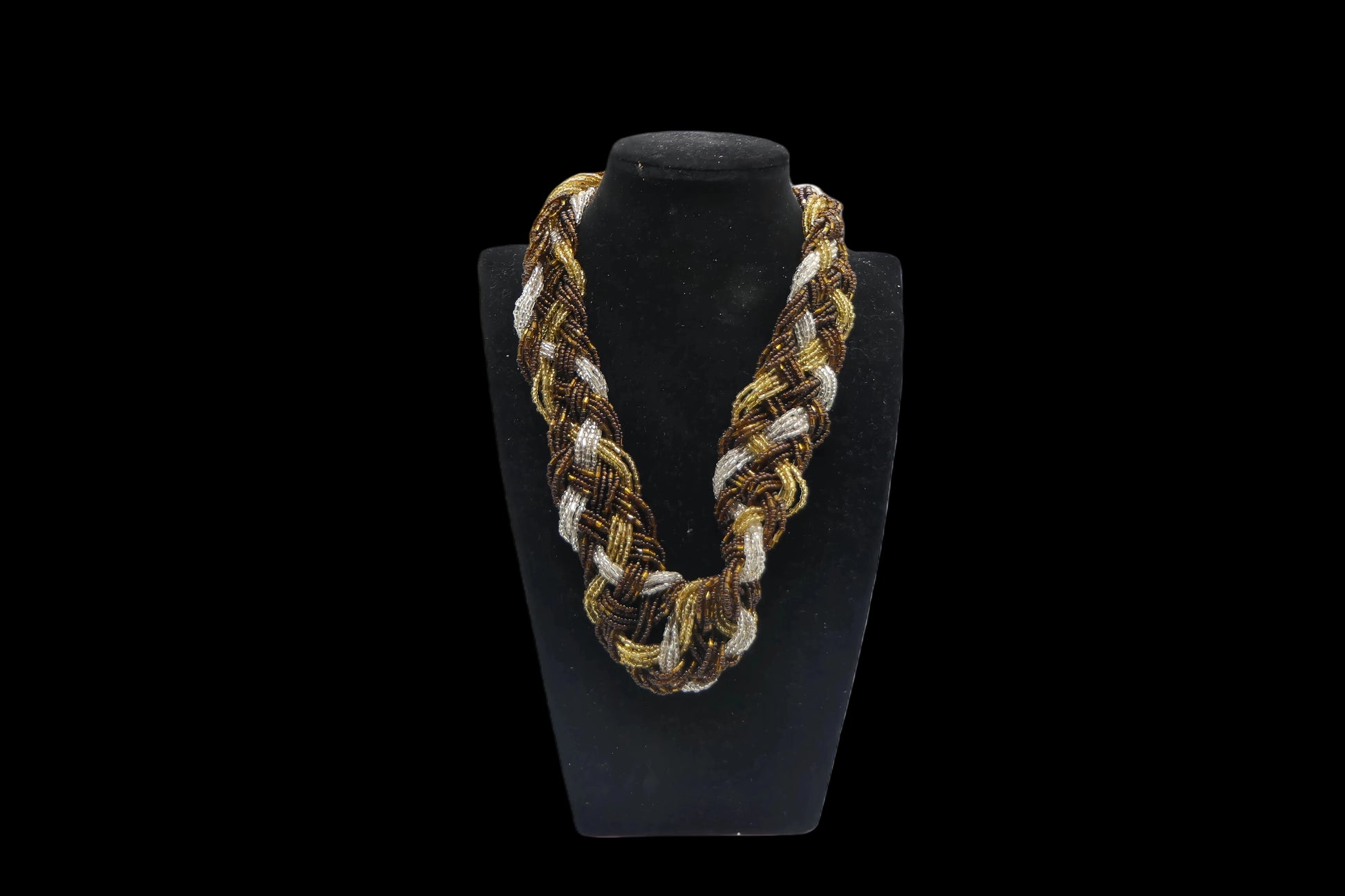 Braided Gold, Silver & Bronze Coloured Seed Bead Necklace front