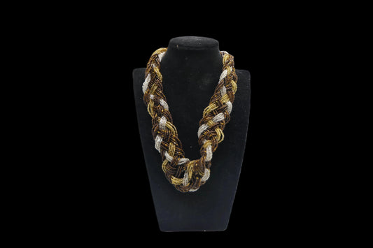 Braided Gold, Silver & Bronze Coloured Seed Bead Necklace front