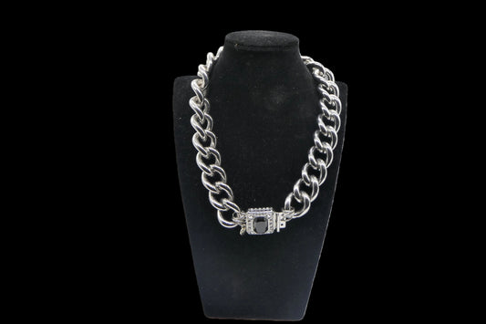 Silver Mesh Chain Pearl Flower Statement Necklace front