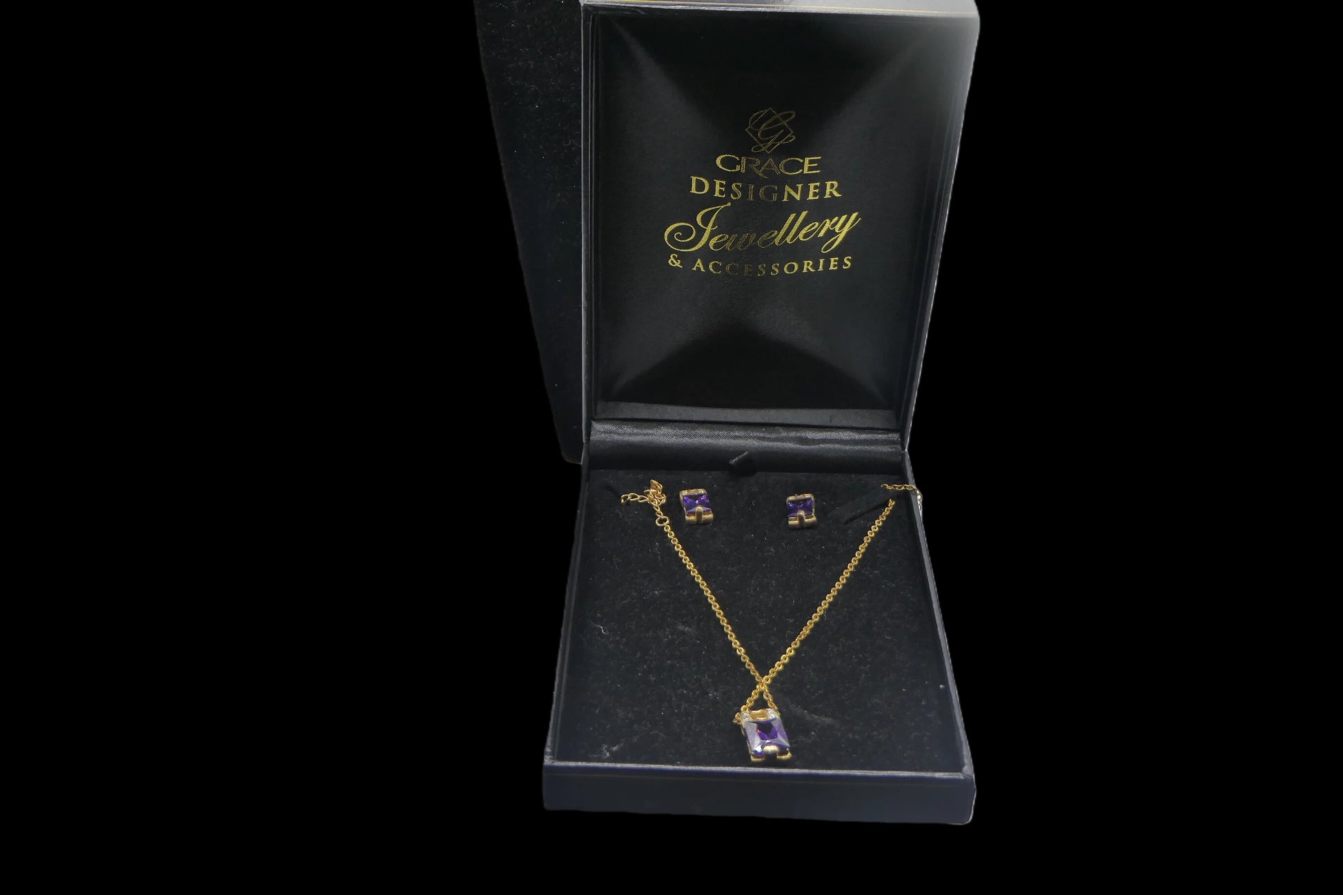 Grace Designer Jewellery Amethyst Crystal Pendant & Earrings Set front