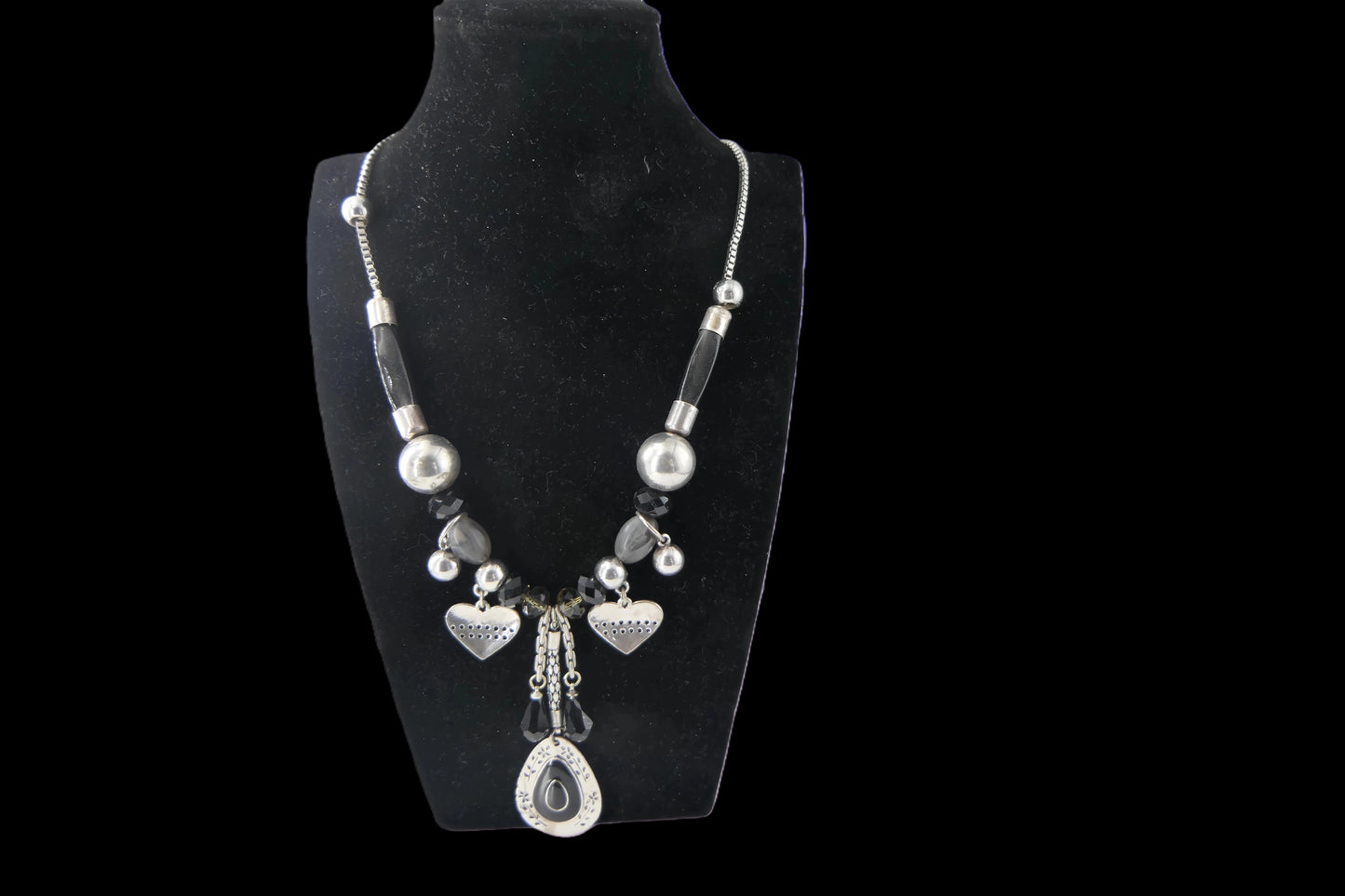 Silver & Black Bead Heart Charm Teardrop Necklace front